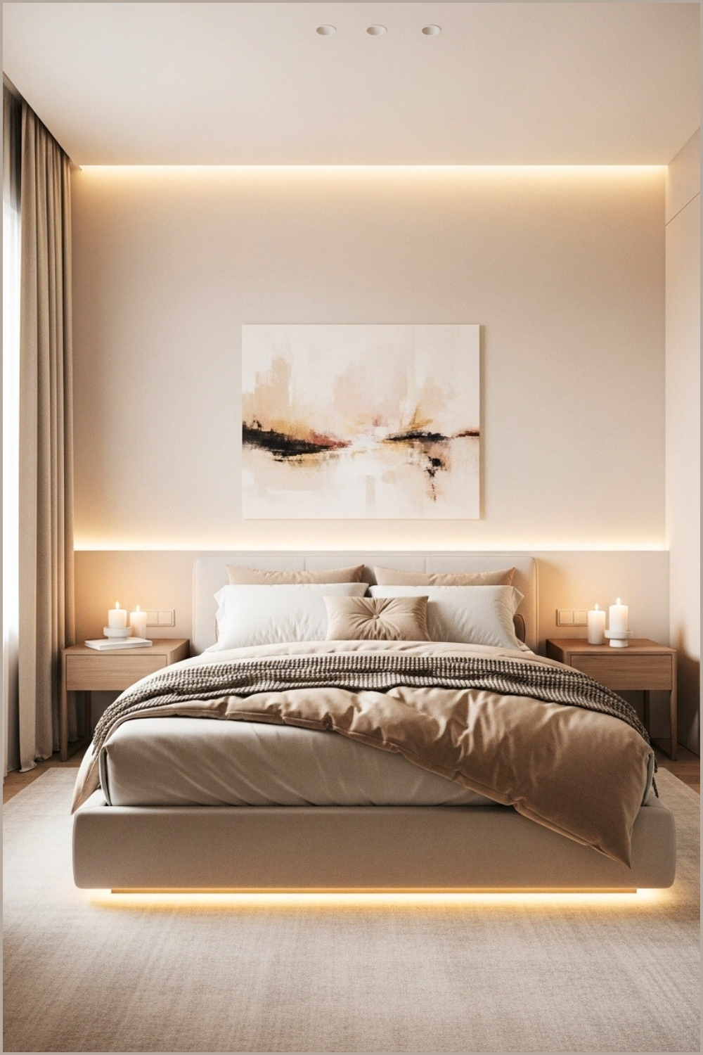 Modern Minimalist Bedroom With Neutral Beige Tones, Low Upholstered Bed