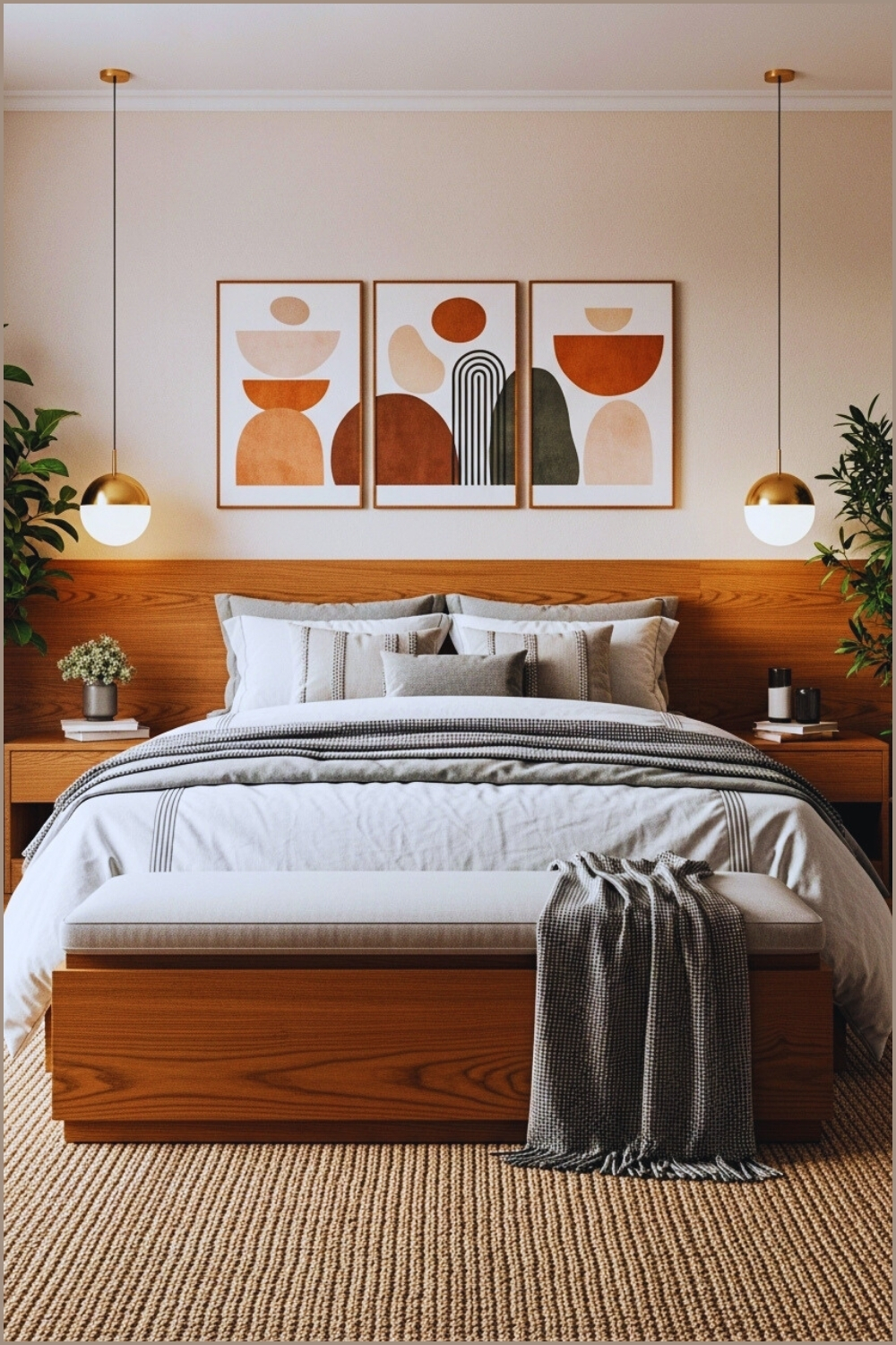 Modern Minimalist Bedroom With Wooden Headboard And Matching Bench