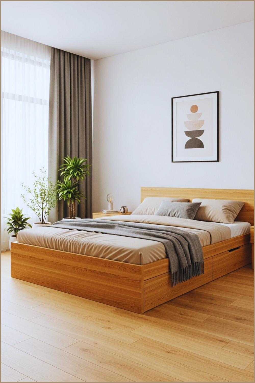 Modern Minimalist Bedroom With Wooden Platform Bed Featuring Built In Storage