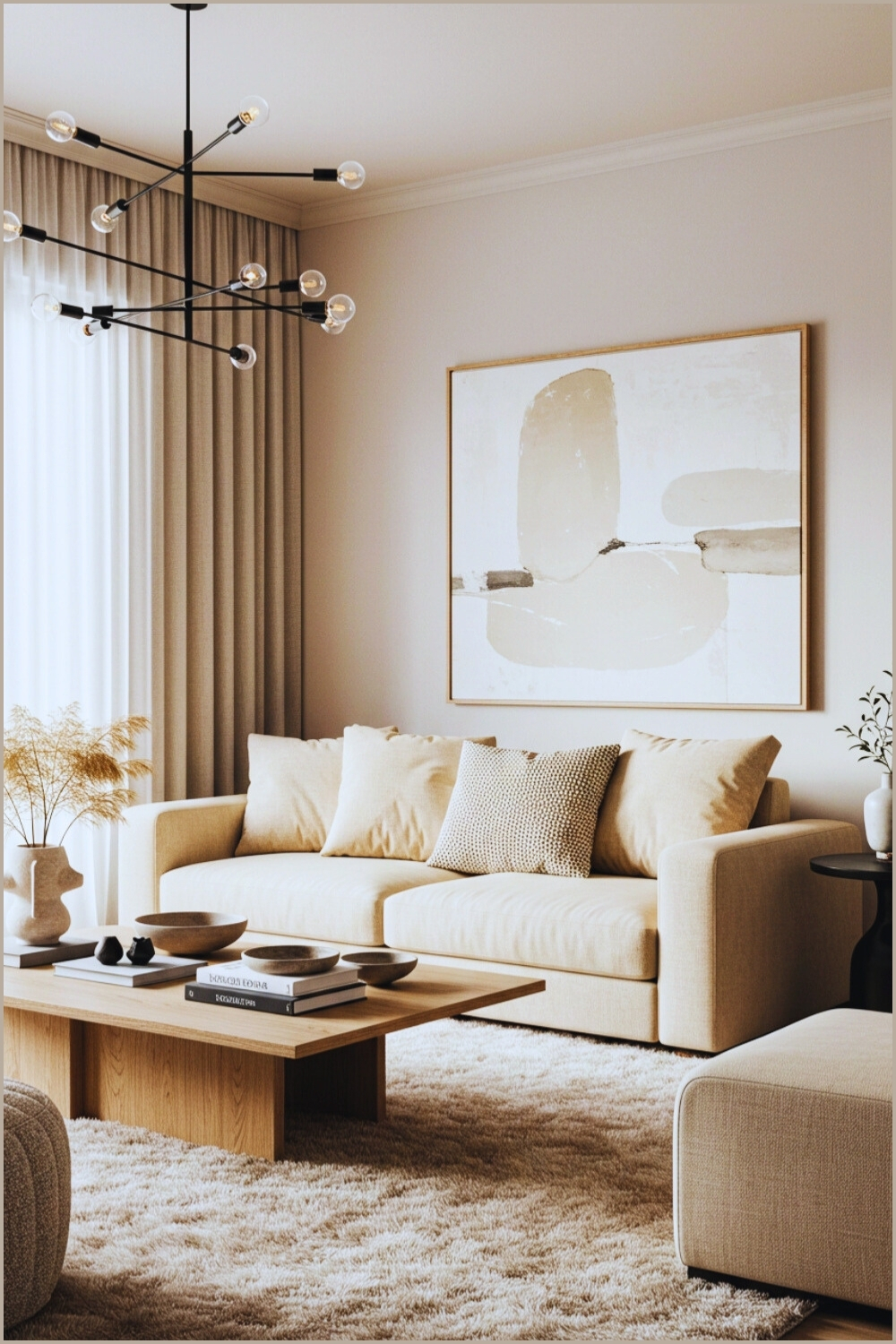 Modern Minimalist Living Room Beige Sofa And Cushions