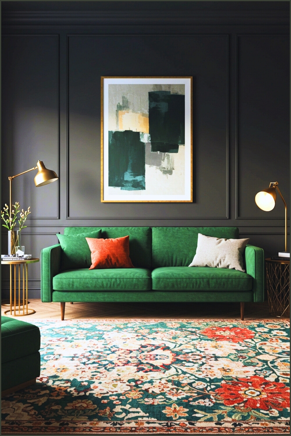 Modern Moody Living Room Dark Walls Bold Abstract