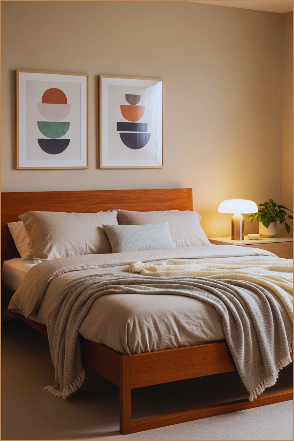 Modern Neutral Bedroom With Cherry Wood Bed, Soft Beige Bedding, Cozy Throws