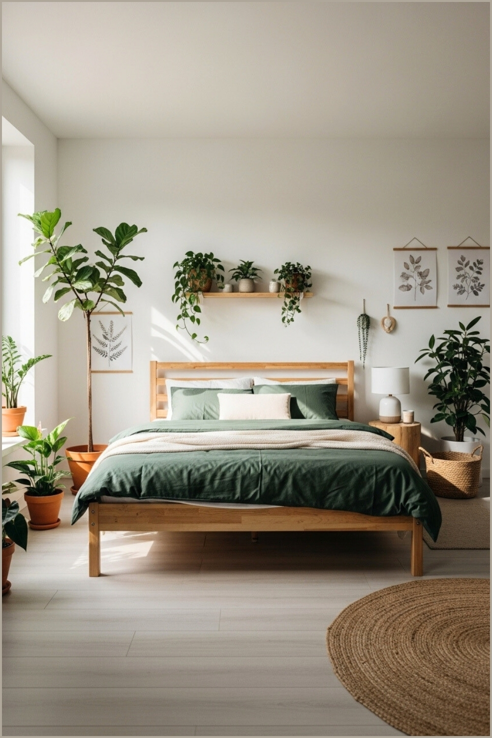 Modern Rustic Bedroom, Natural Wooden Bed Frame, Dark Green Bedding