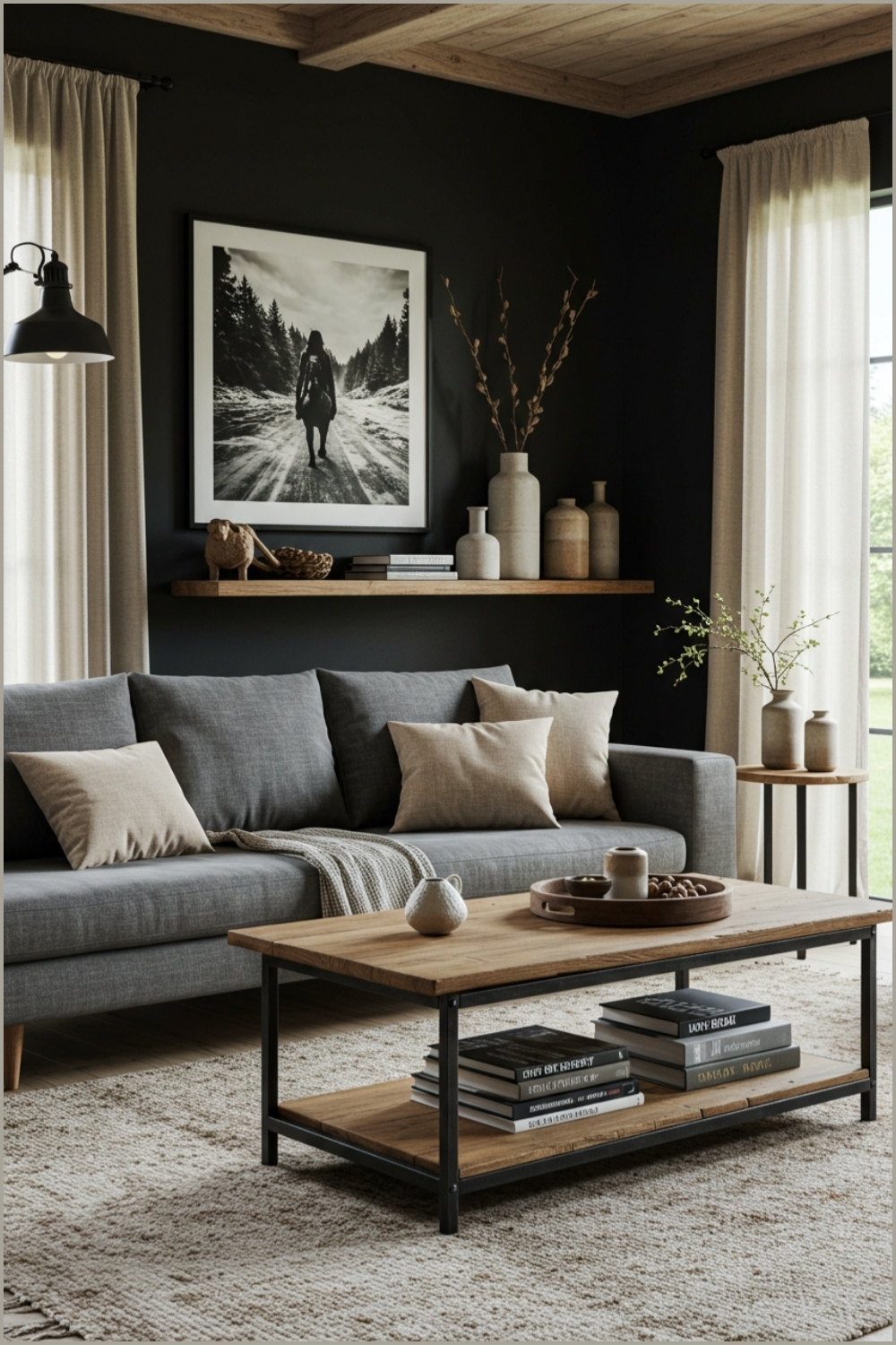 Modern Rustic Living Room Gray Sofa Black Wall