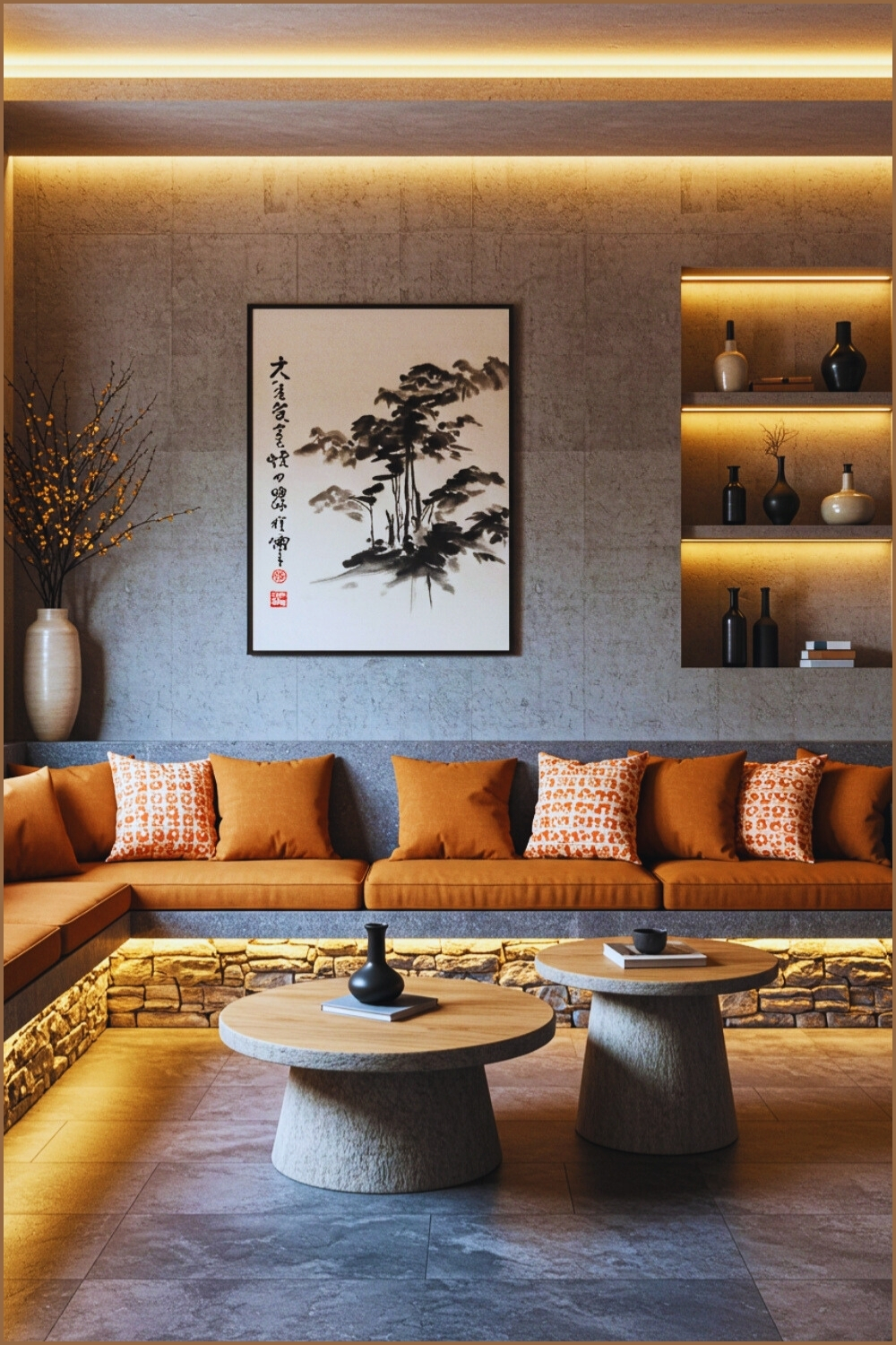 Modern Zen Living Room Concrete Wall And Japanese Ink Art
