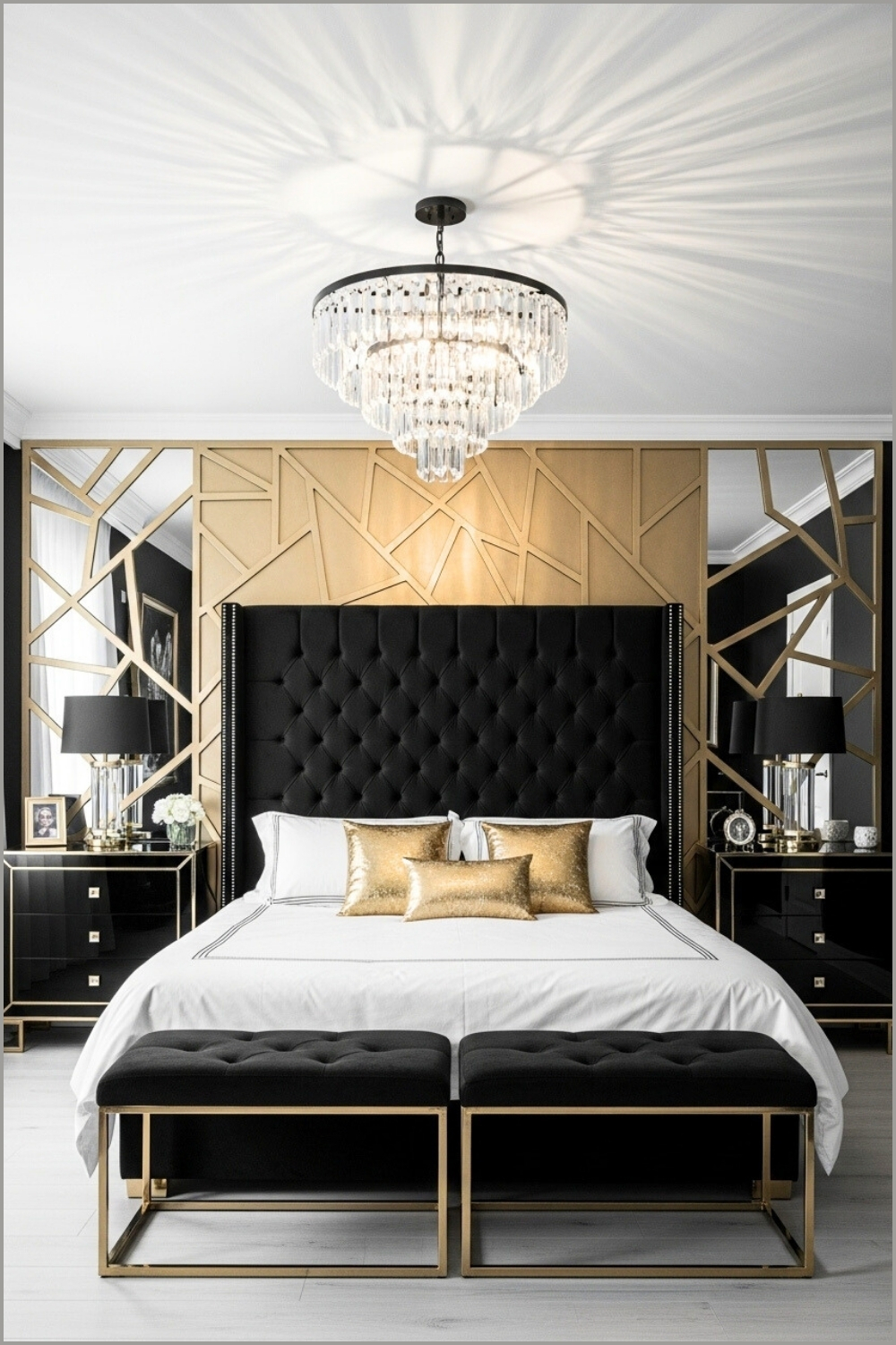 Monochrome Luxury Bedroom With Black Tufted Headboard, Geometric Gold Accent Wall
