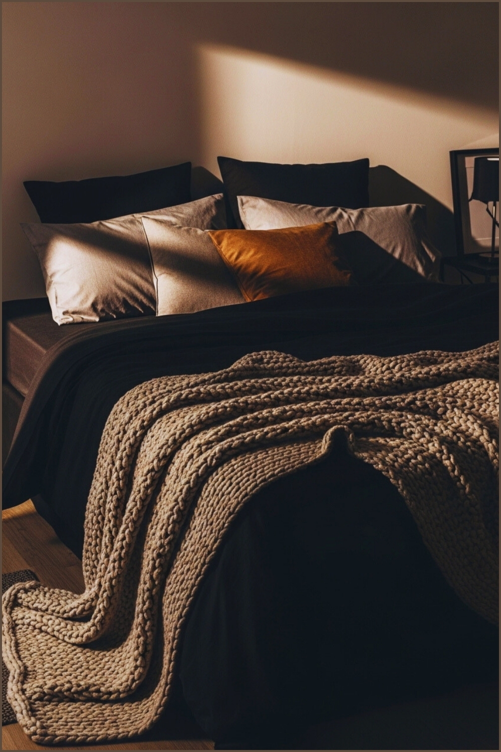 Moody Cozy Bedroom With Dark Bedding In Black And Charcoal Tones