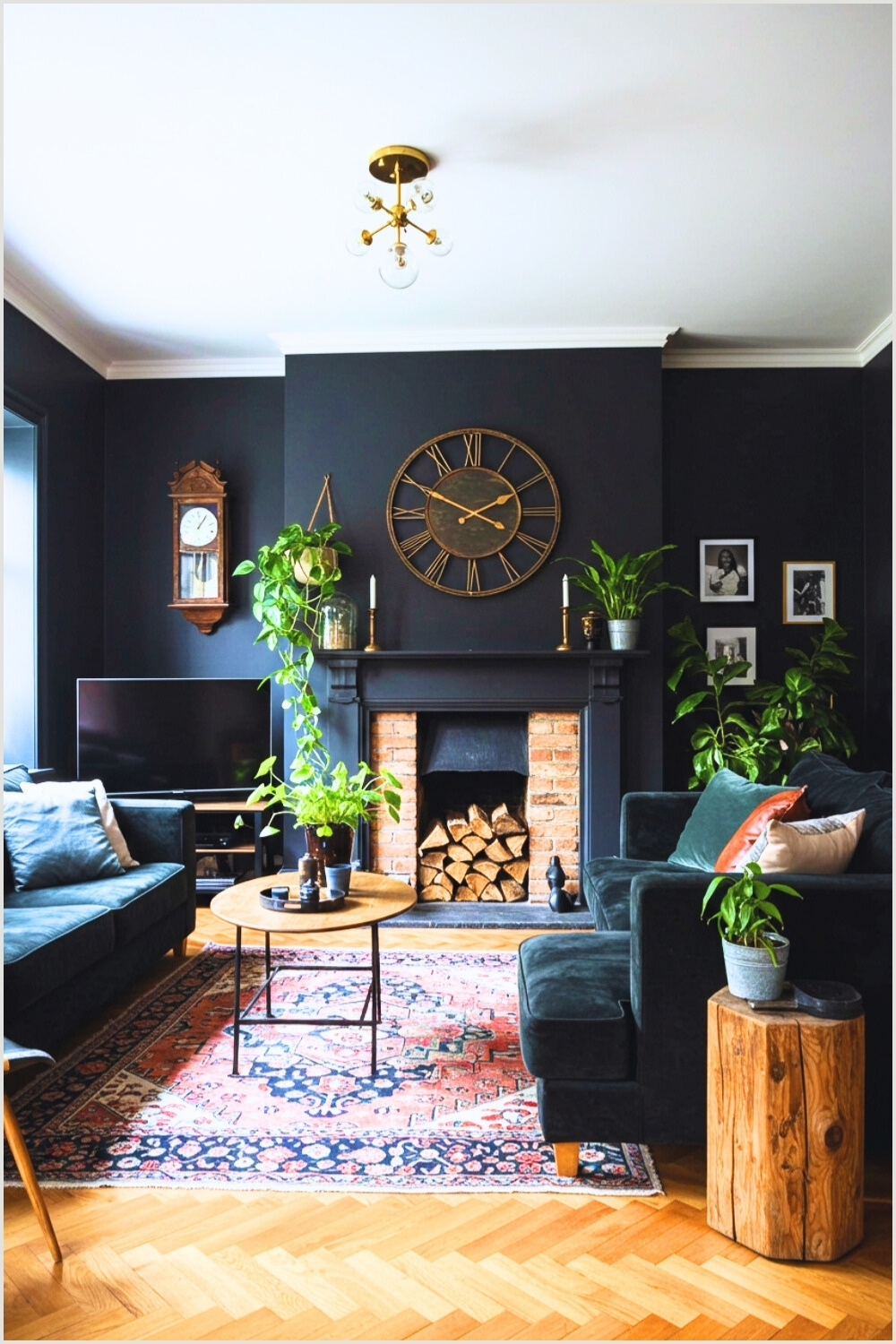Moody Cozy Living Room Black Walls Fireplace
