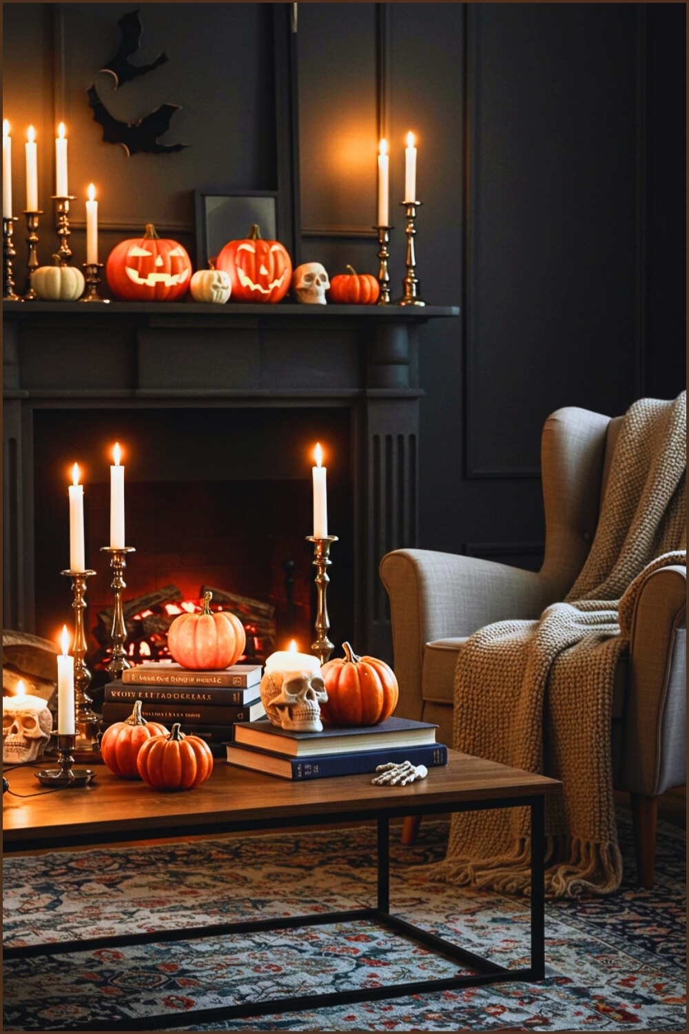 Moody Halloween Living Room With Dark Fireplace Mantel