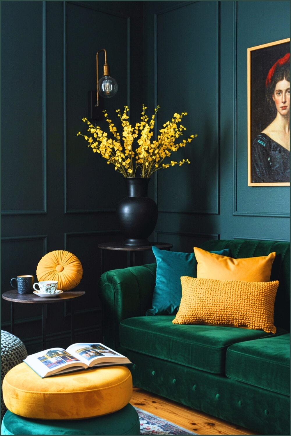 Moody Intimate Living Room Dark Painted Walls Green