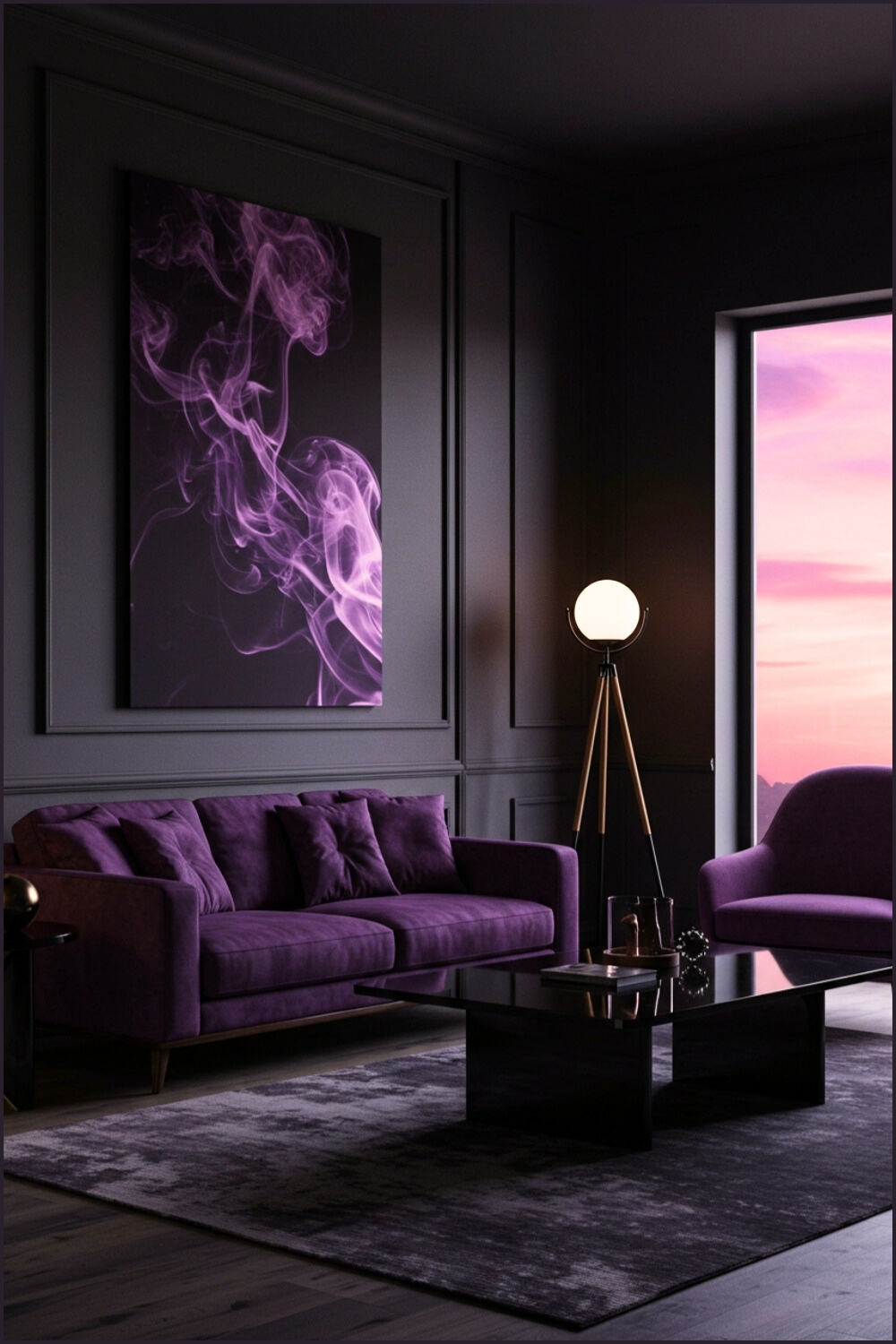Moody Living Room With Purple Velvet Sofa And Matching Rug