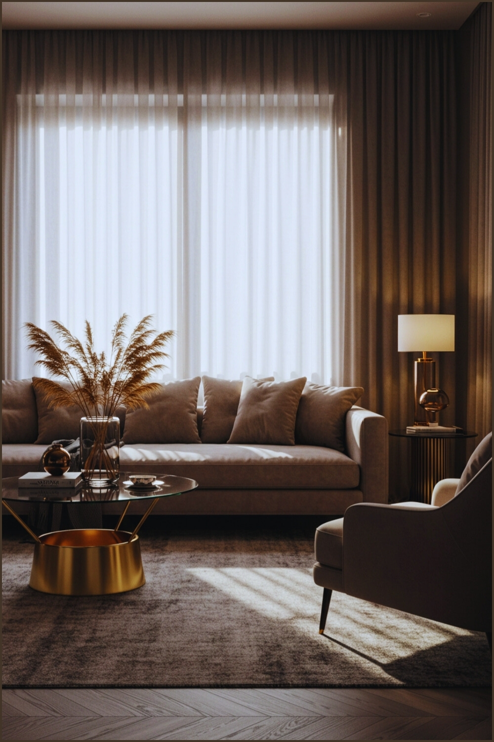 Moody Living Room Sheer Curtains And Taupe Sofa