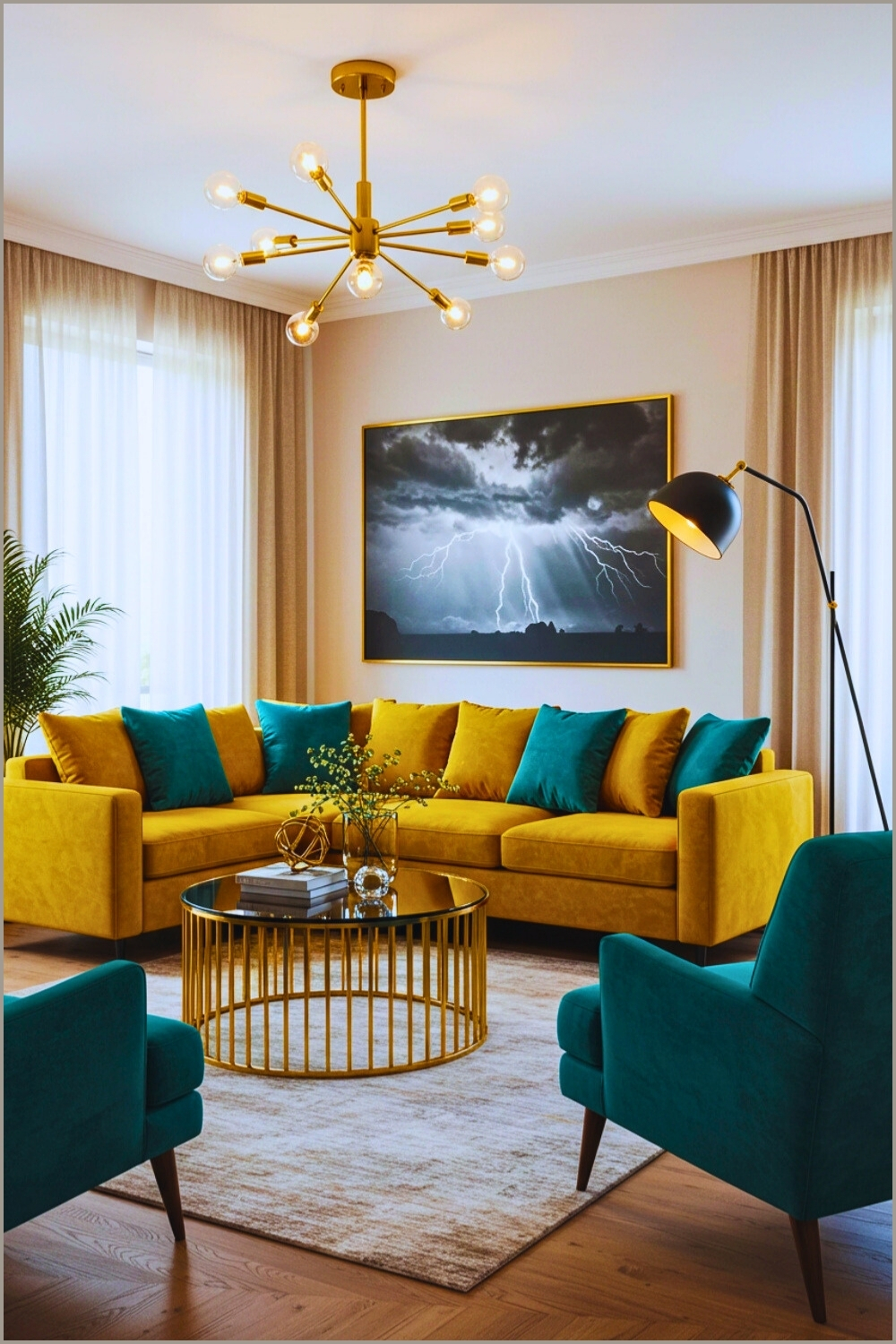 Mustard Velvet Sectional Teal Chairs Glass Table
