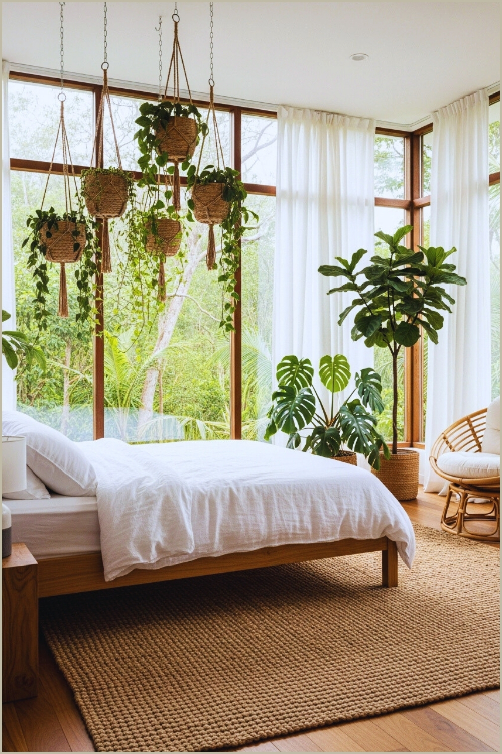 Nature Inspired Bedroom With Large Windows Soft Natural Light Wooden