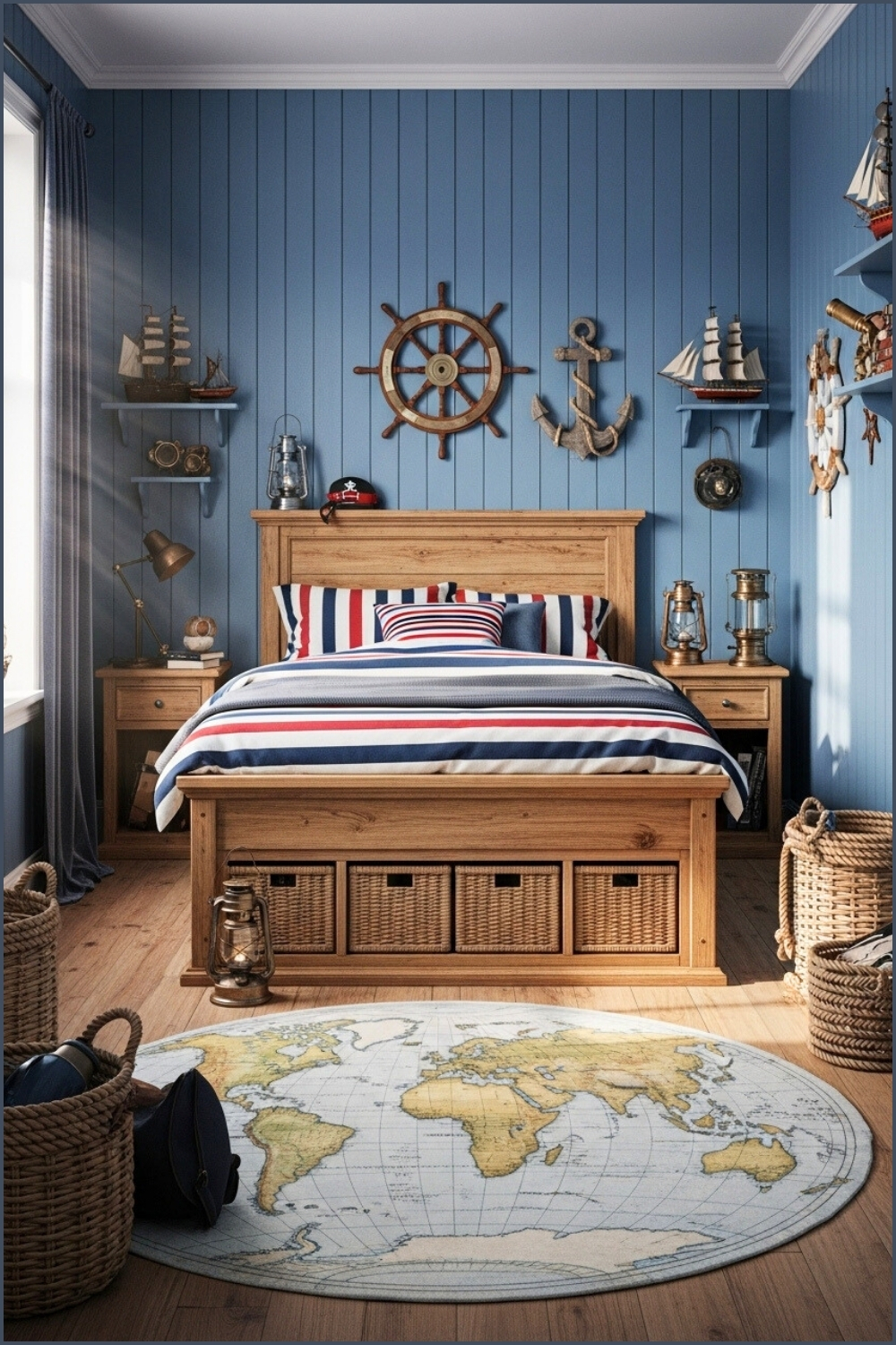 Nautical Pirate-themed Boys Bedroom With Blue Paneled Walls, Striped Bedding