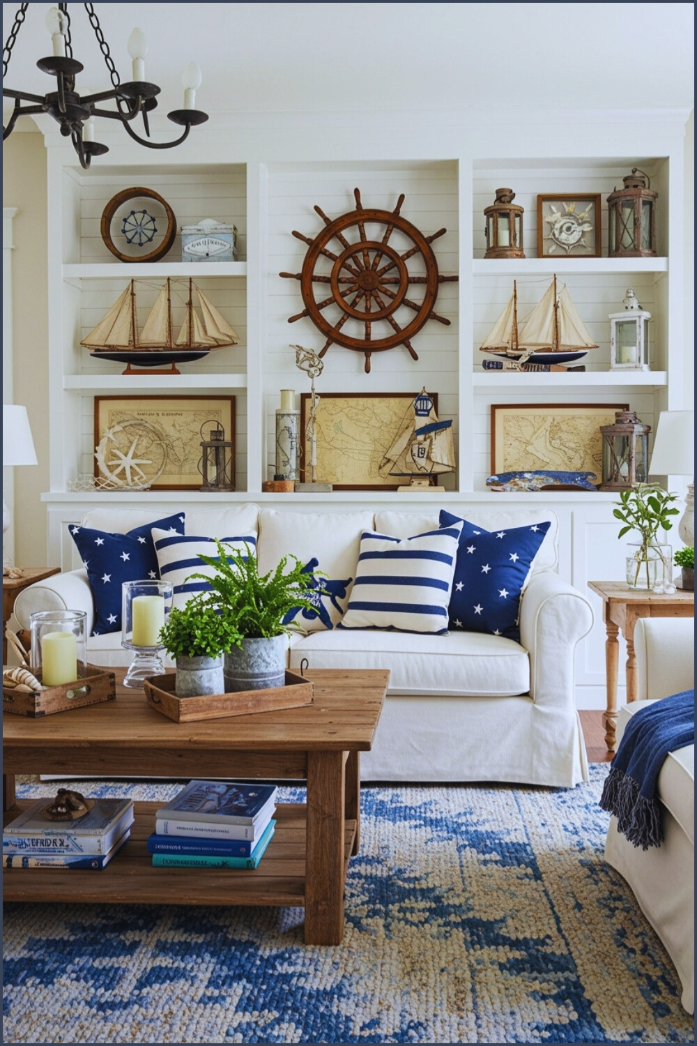 Nautical inspired Living Room White Sofa And Navy Pillows