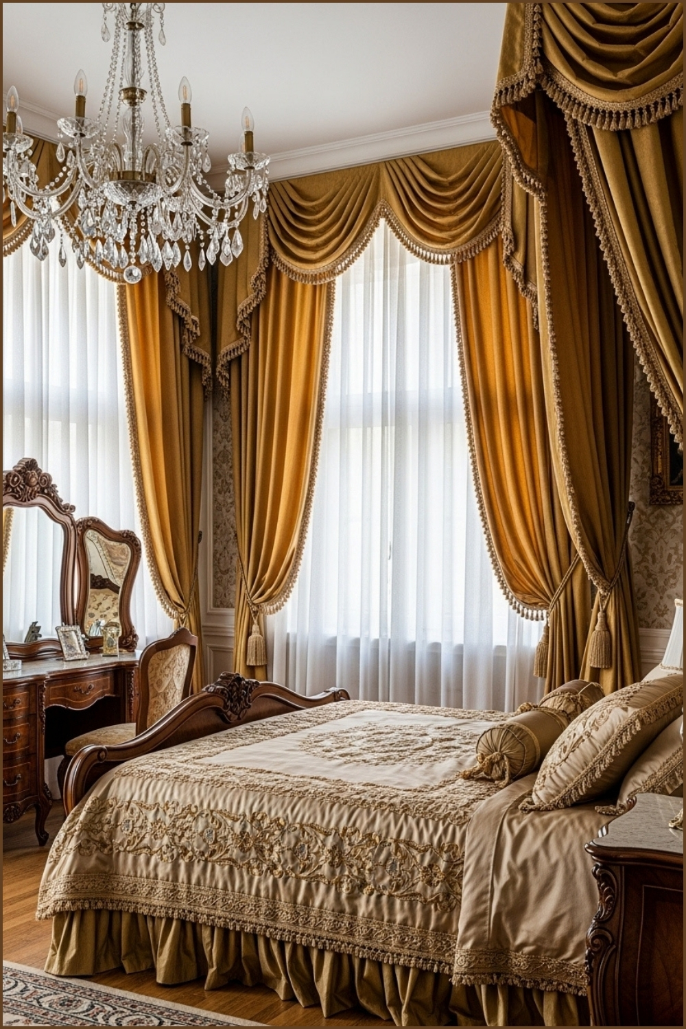 Opulent Classic Bedroom With Rich Gold Draped Curtains Ornate Valances