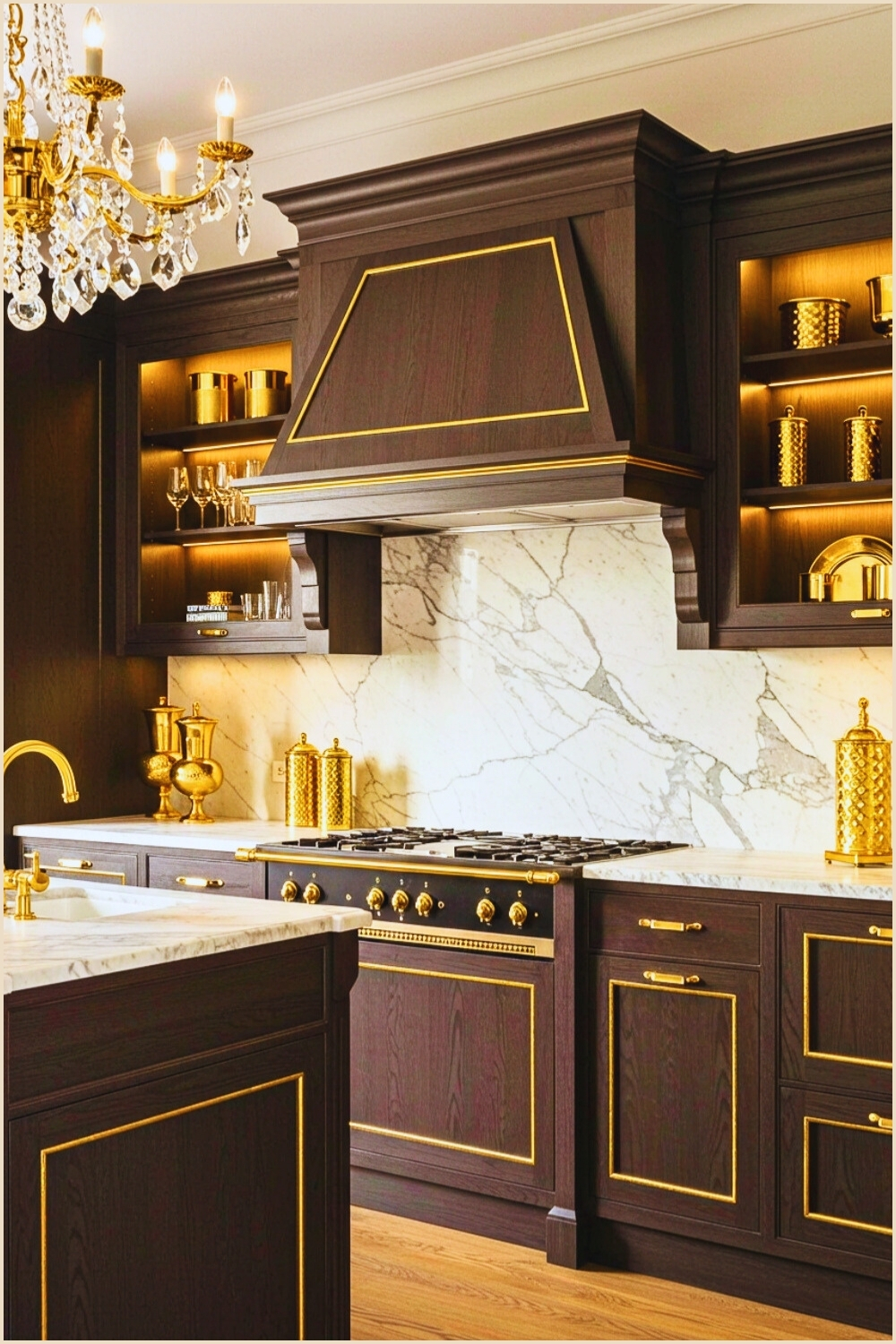 Opulent Kitchen Dark Wood Cabinets Gold Details