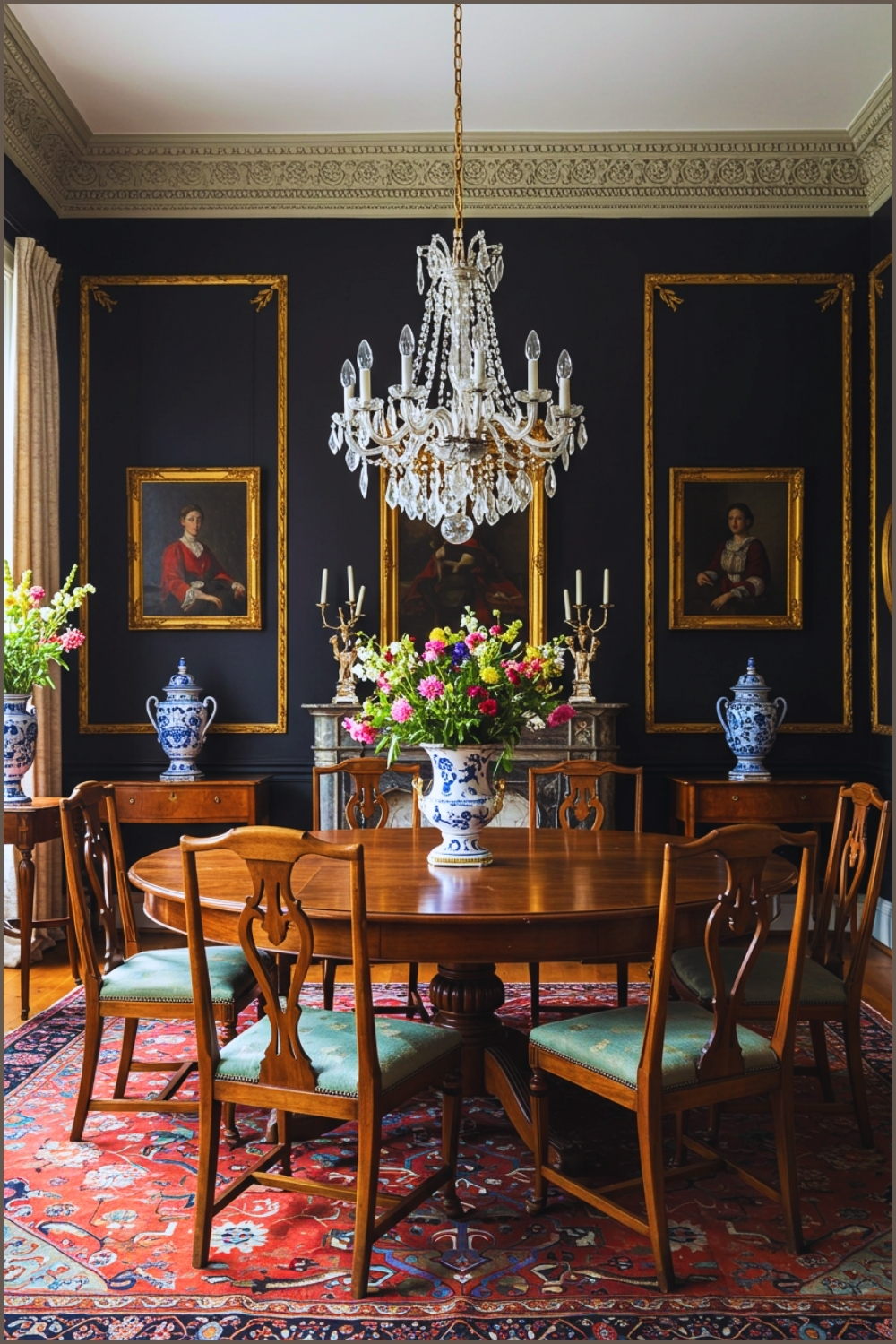 Opulent Vintage Dining Room With Black Walls, Ornate Gold Accents, Crystal Chandelier