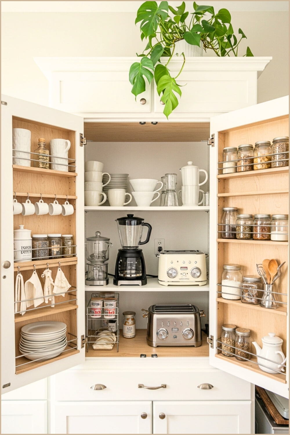 Organized Kitchen Cabinet Open Shelving And Pull-out Pantry
