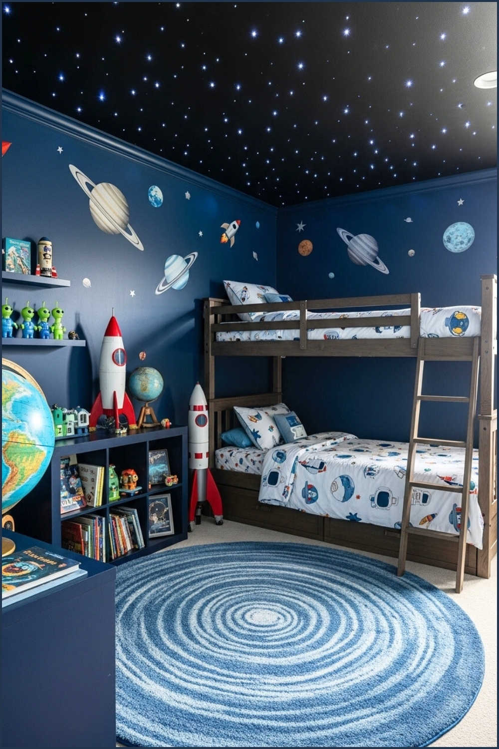Outer Space-themed Boys Bedroom With Dark Blue Walls, Starry Ceiling