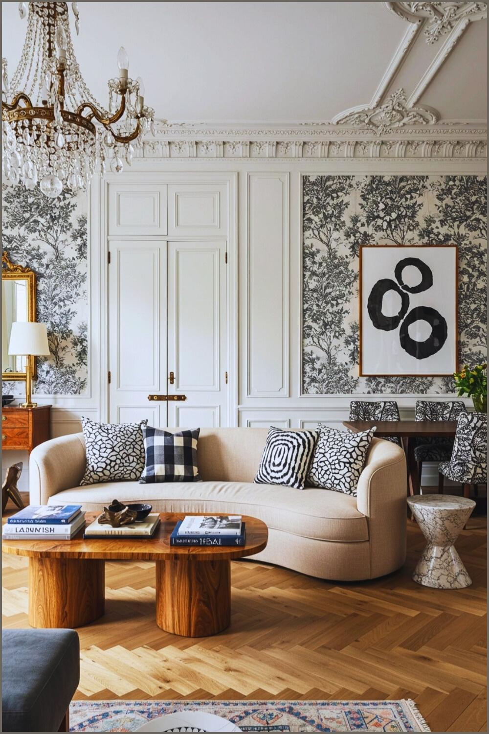 Parisian Living Room Ceiling Moldings And Crystal Chandelier