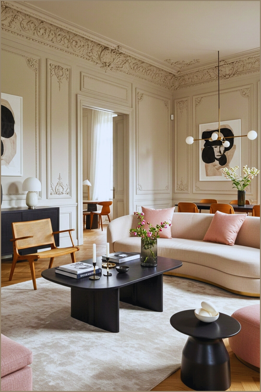 Parisian Living Room With Ceiling Moldings And Wall Panels