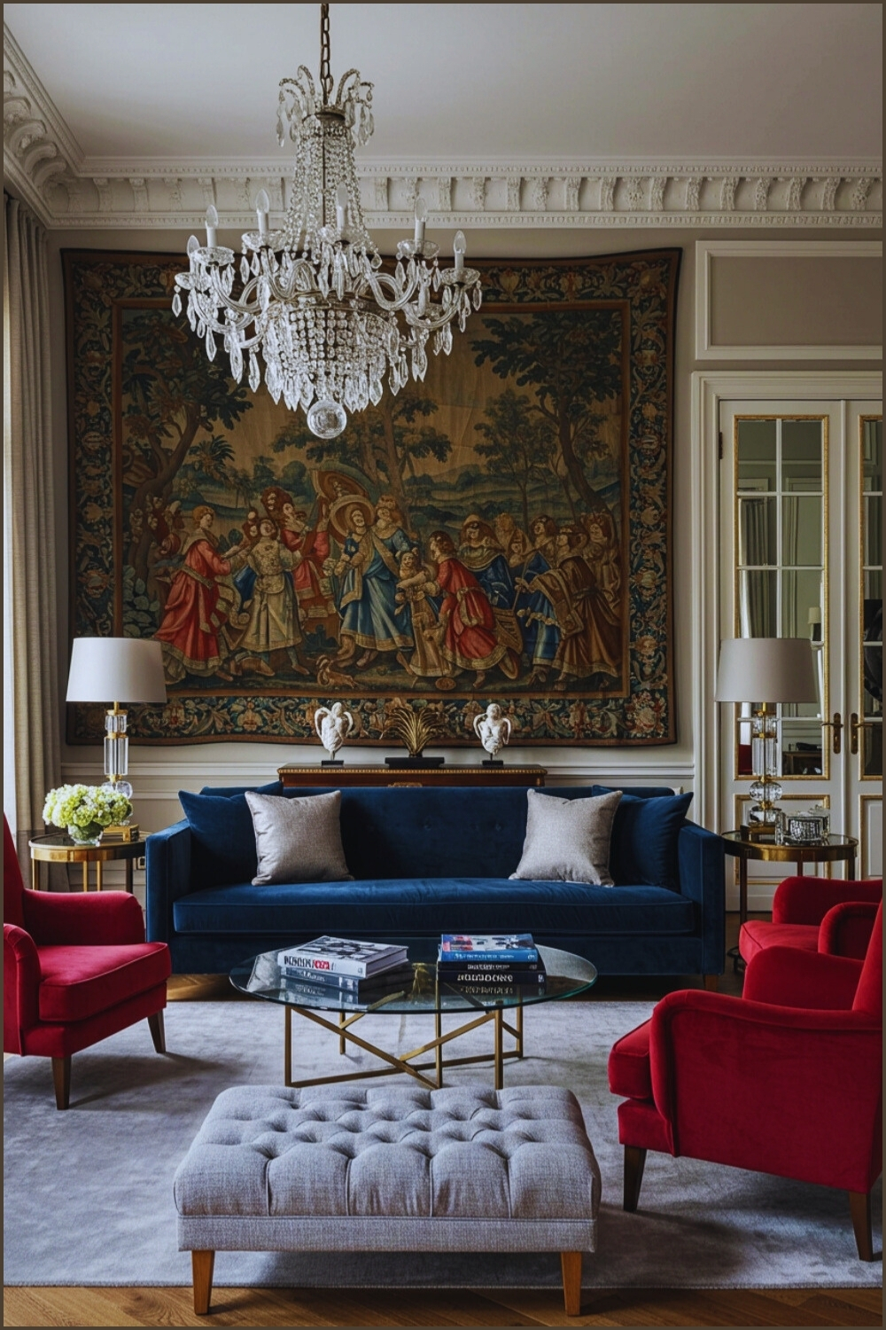 Parisian Living Room Crystal Chandelier And Dramatic Look