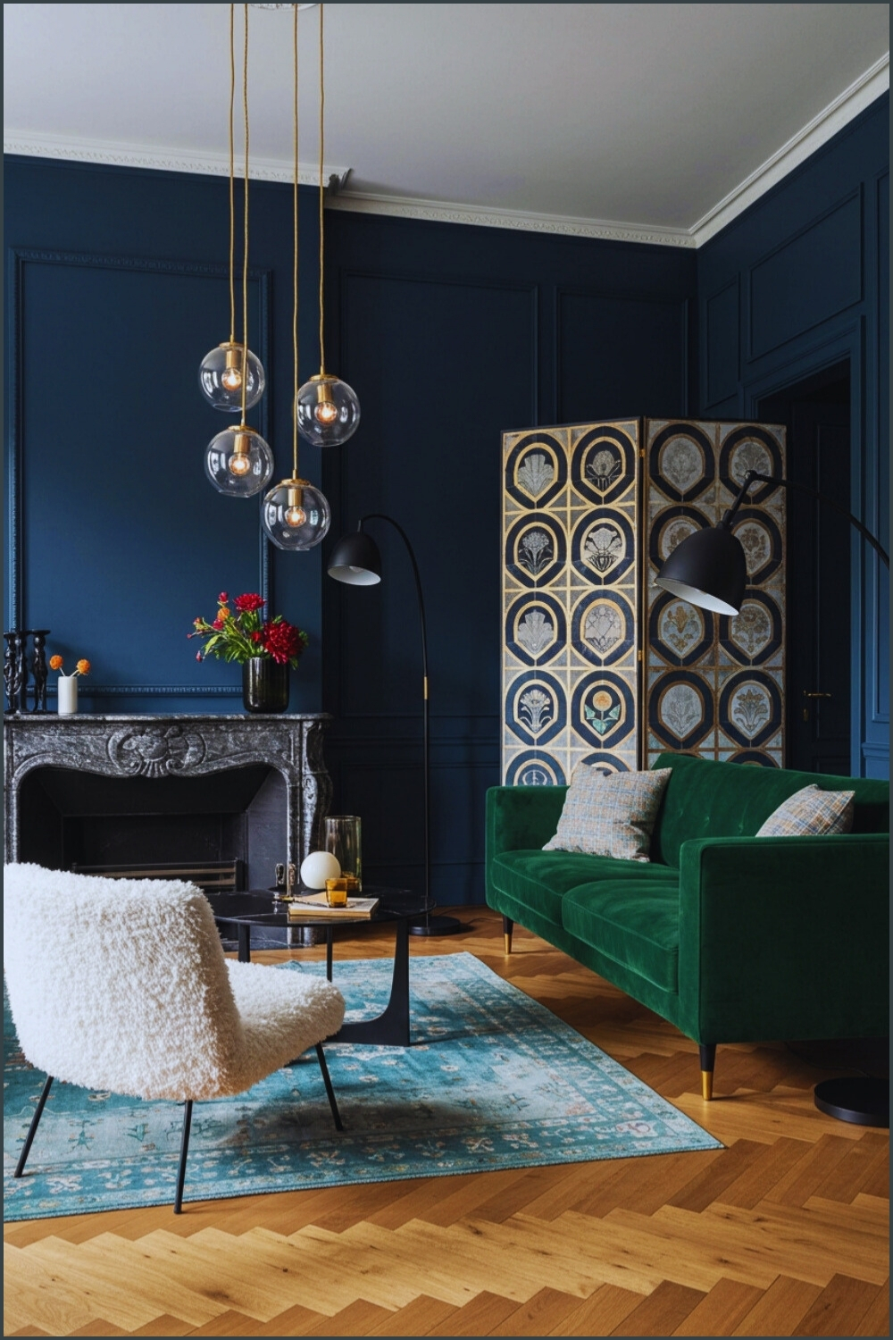 Parisian Living Room With Navy Fireplace And Modern Style