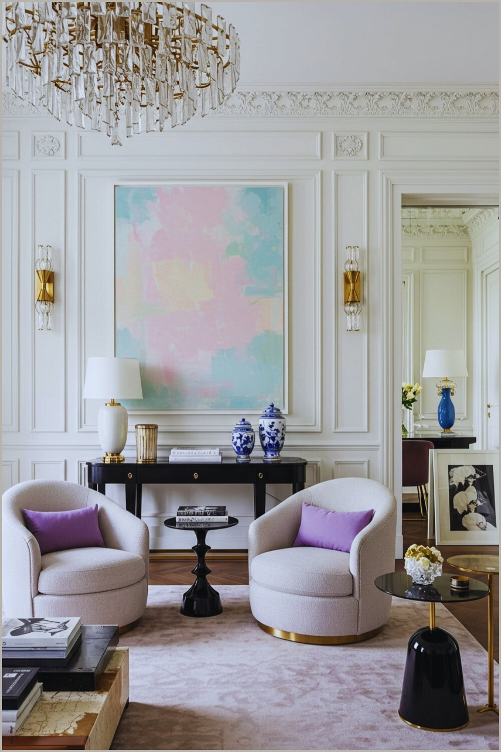 Parisian Living Room With White Walls And Crown Molding