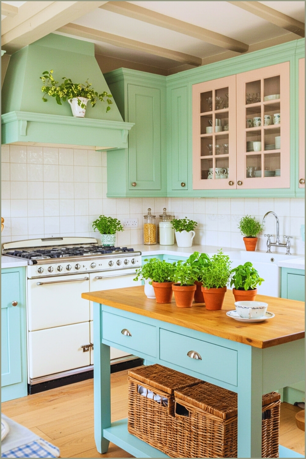 Pastel Cottage Kitchen With Herb Filled Counter