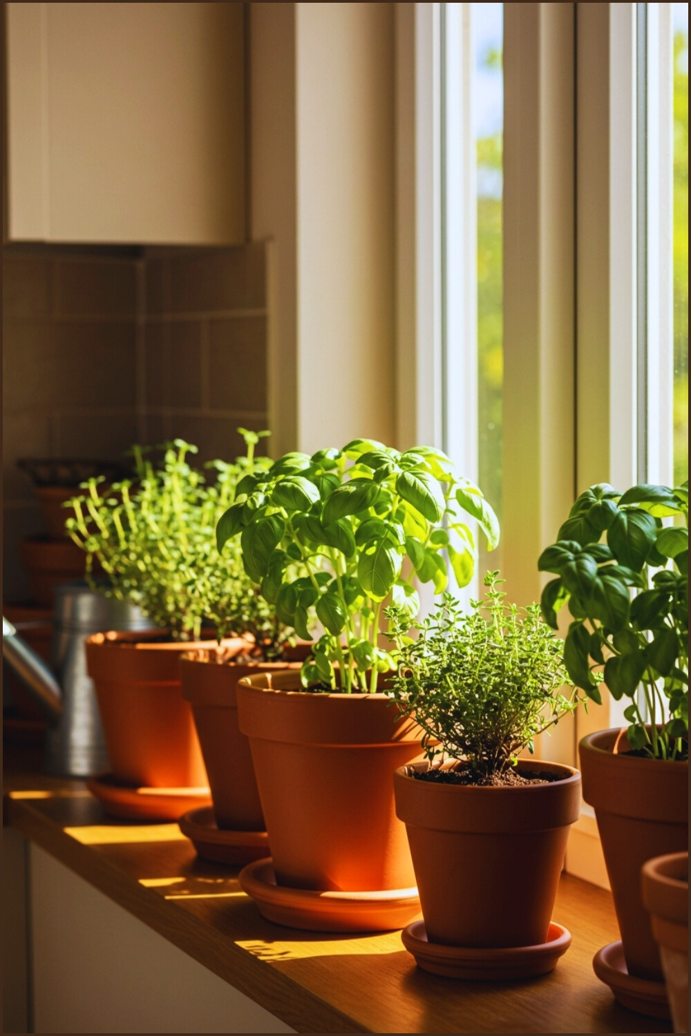 Peaceful Kitchen Window Potted Herbs Wooden Sill