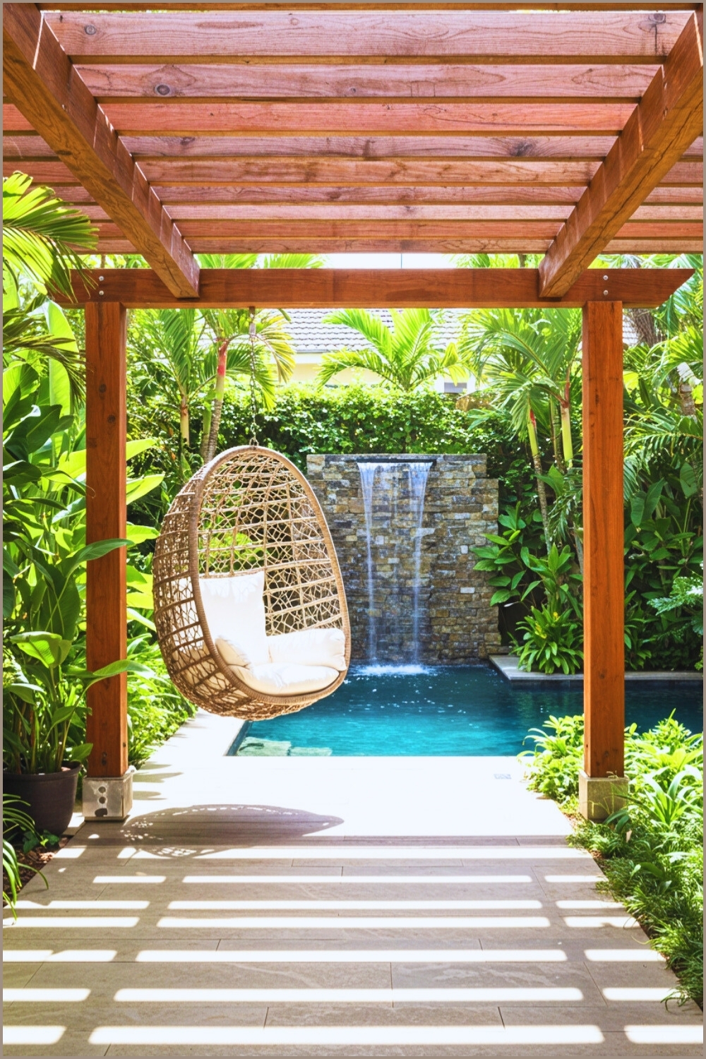 Peaceful Tropical Backyard Green Plants Pergola