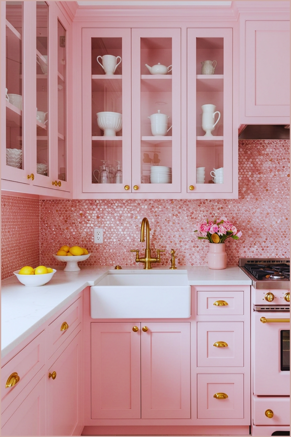 Pink Single Wall Galley Niche With Simple White Ceramics