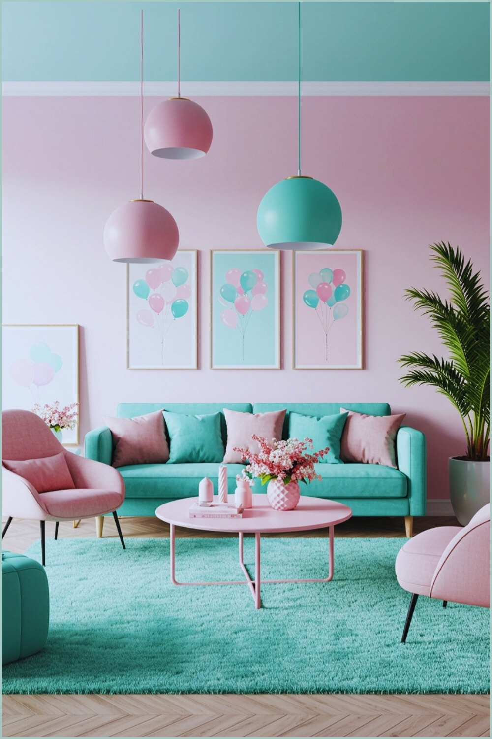 Playful Pastel Living Room Pink, Teal, Mint Green