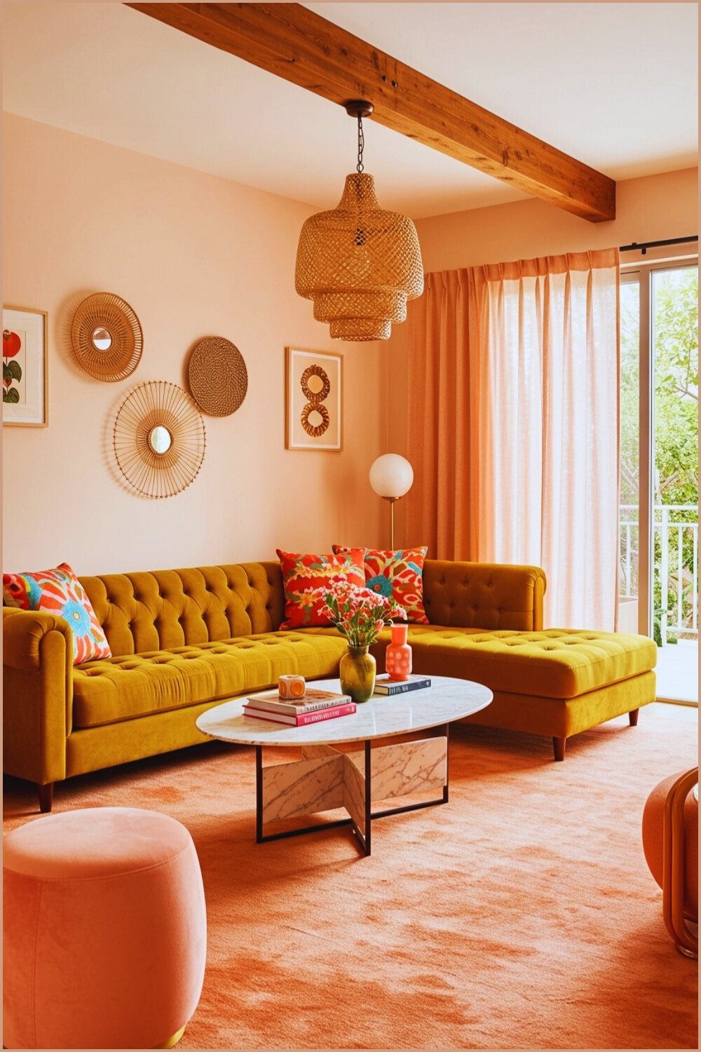 Retro Living Room Mustard Velvet Sofa