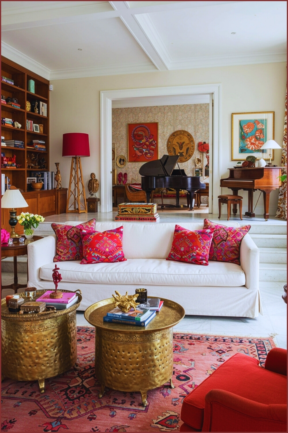 Retro Sunken Living Room White Sofa And Colorful Patterns