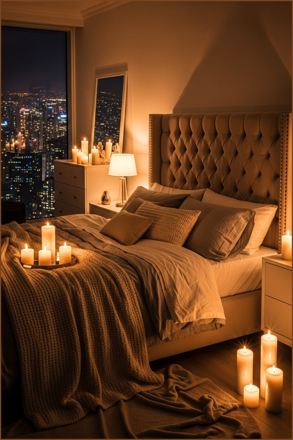 Romantic Bedroom At Night With Soft Warm Candlelight, Tufted Headboard
