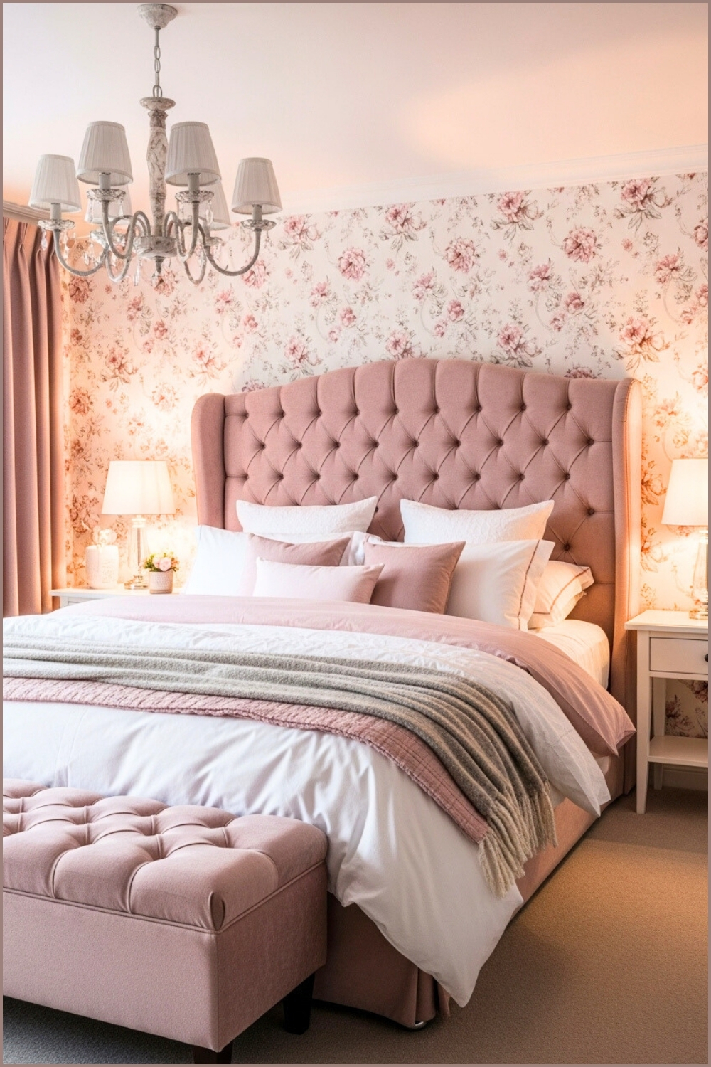 Romantic Bedroom, Floral Wallpaper With Blush Pink Tones