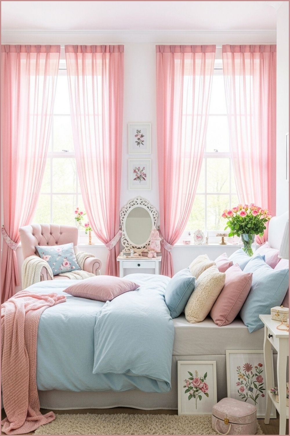 Romantic Bedroom With Soft Pastel Colors, Blush Pink Curtains