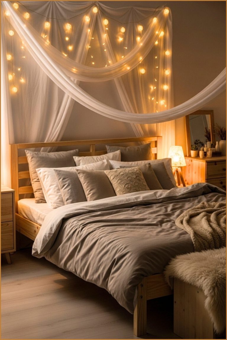 Romantic Bedroom With String Fairy Lights Draped Over Fabric Wall