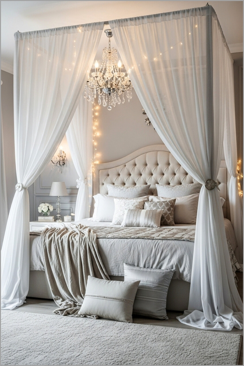Romantic Canopy Bedroom With Sheer Flowing Curtains, Fairy Lights Draped Around