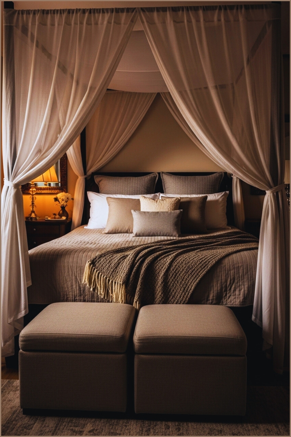 Romantic Cozy Bedroom With Elegant Canopy Bed Sheer White Drapes