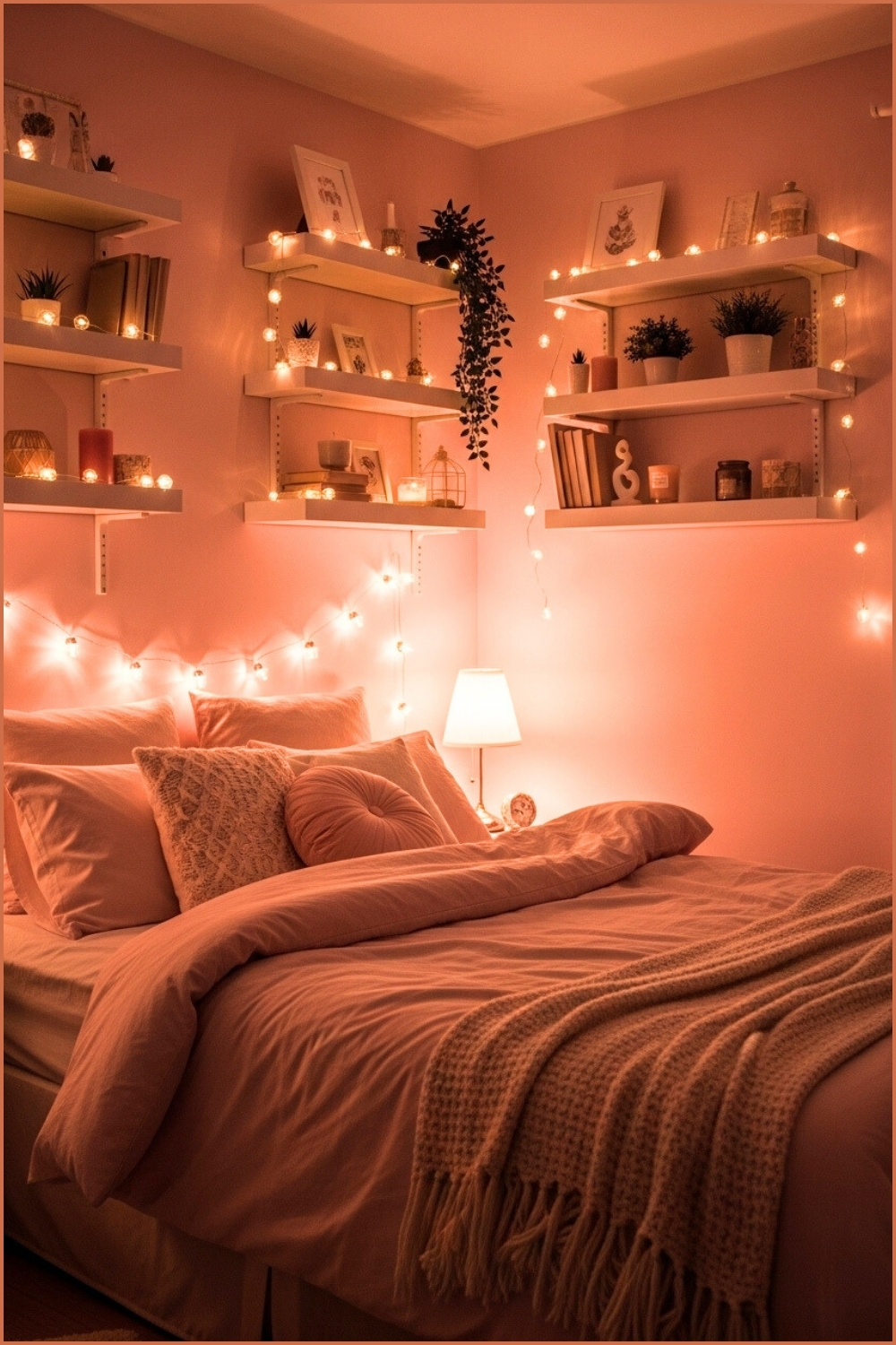 Romantic Girly Bedroom, Pink Walls, Fairy Lights Twinkling Around Shelves