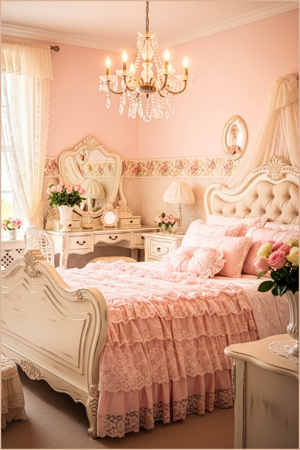 Romantic Vintage Bedroom, Ornate Furniture, Pink Lace Bedding