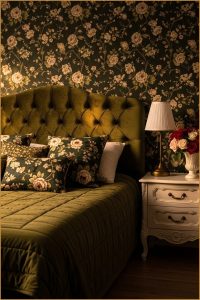 Romantic Vintage Bedroom With Dark Green Floral Wallpaper, Velvet Tufted Headboard