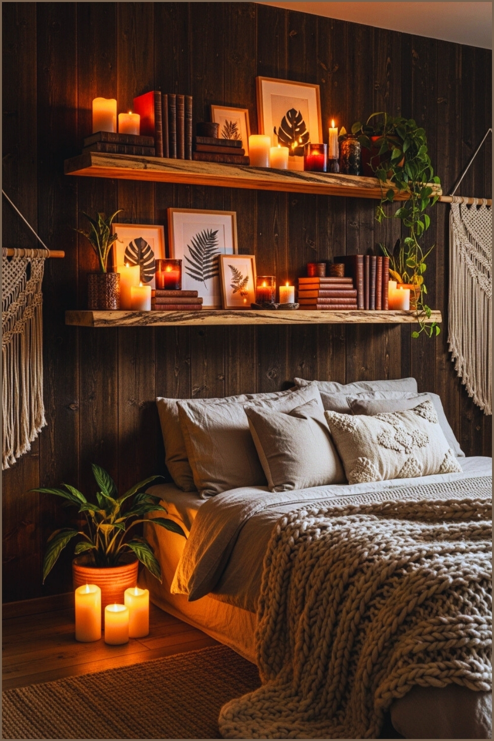Rustic Bedroom With Dark Wooden Walls Thick Floating Wooden Shelves
