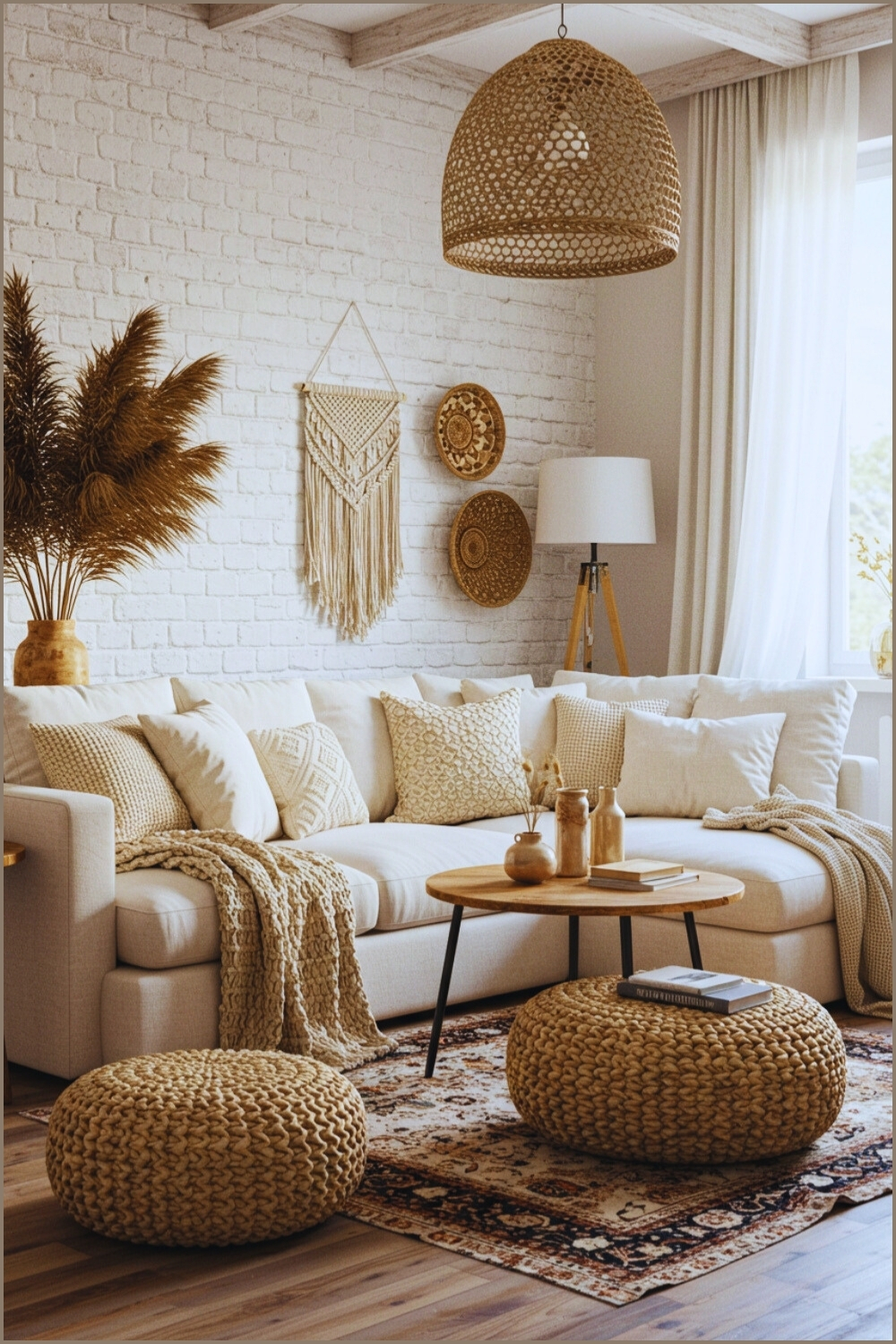 Rustic Boho Living Room White Brick Wall