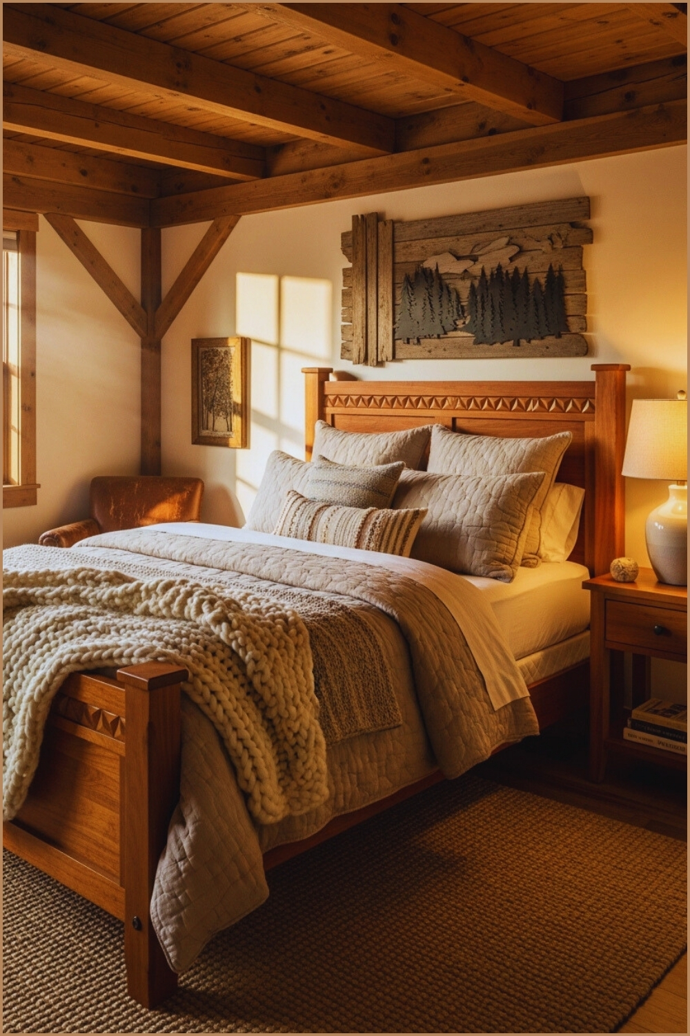 Rustic Cabin-style Bedroom With Cherry Wood Furniture, Exposed Wooden Beams