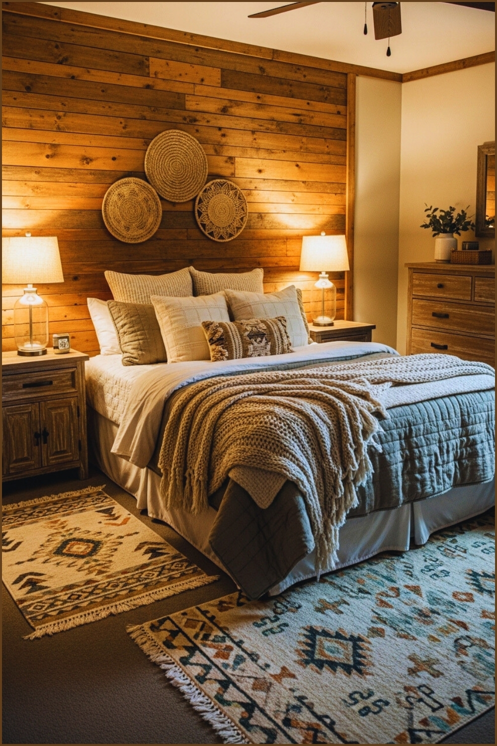 Rustic Cozy Bedroom With Wooden Plank Accent Wall Warm Lighting